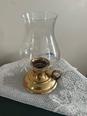 Vintage solid brass candle holder with hurricane glass -  bird not included